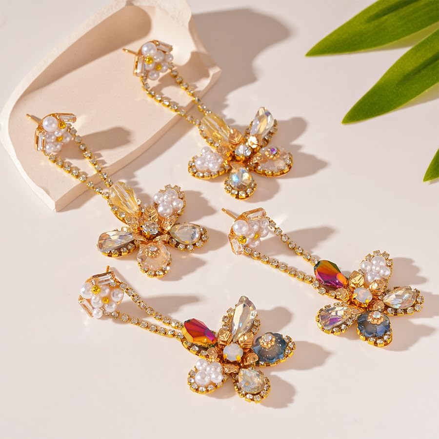 Exaggerated Long Flower Drop Earrings for Women,Trendy Dainty Colored Cubic Zirconia Dangle Flower Earrings for Woman,Hypoallergenic Statement Ear Jewelry - Image 6