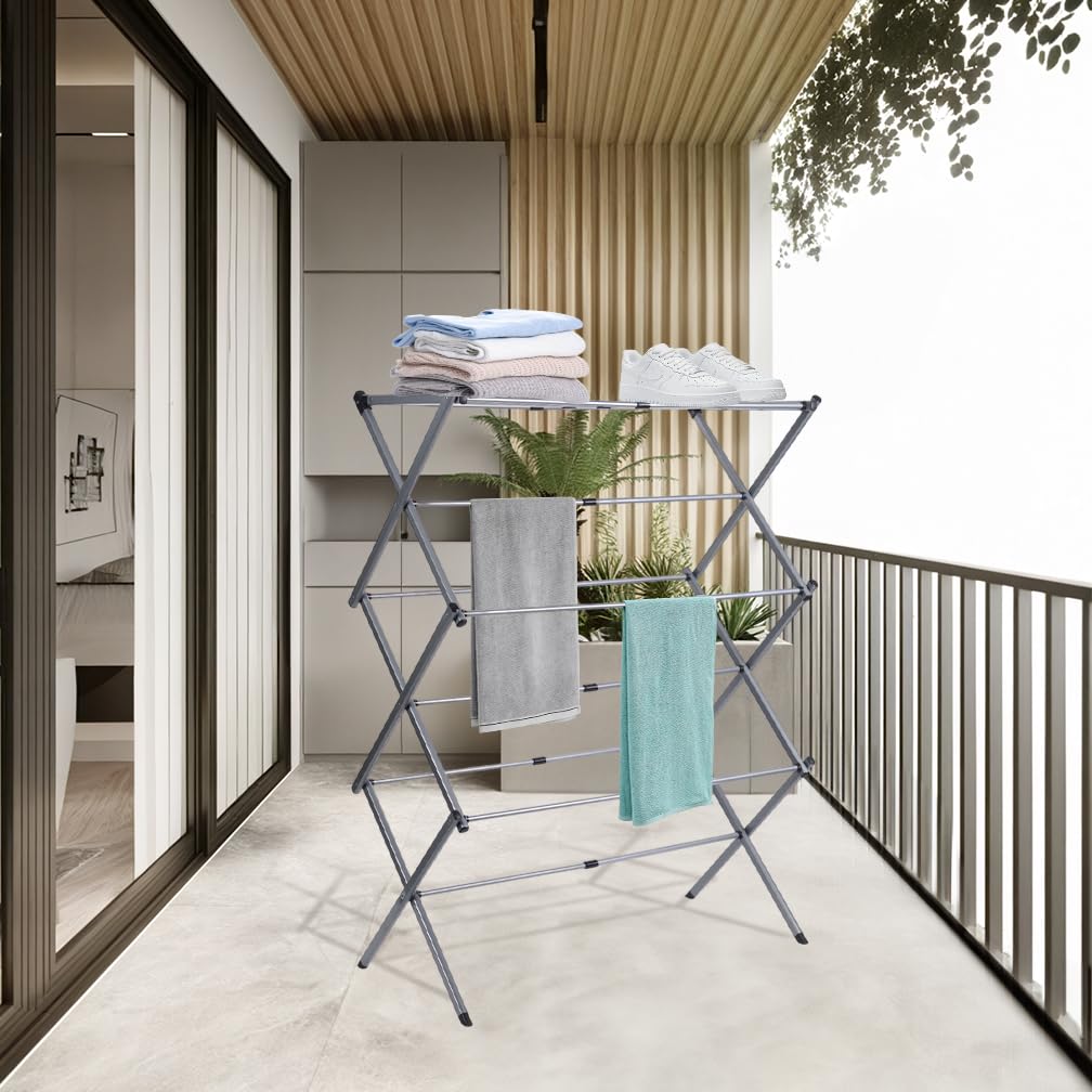 Hershii Asciugabiancheria Pieghevole Stand, Asciugabiancheria Allungabile con 11 Rails per Campeggio, Balcone, Interno ed Esterno, Stoccaggio (Grigio)