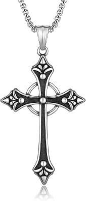 Gothic Celtic Cross Necklace, Stainless Steel Fleur De Lis Pendant | Eternity Ring Design, Reversible, Oxidized Finish, 316L Stainless Steel, Medieval Goth Jewelry, Unisex Gift, 22" Box Chain