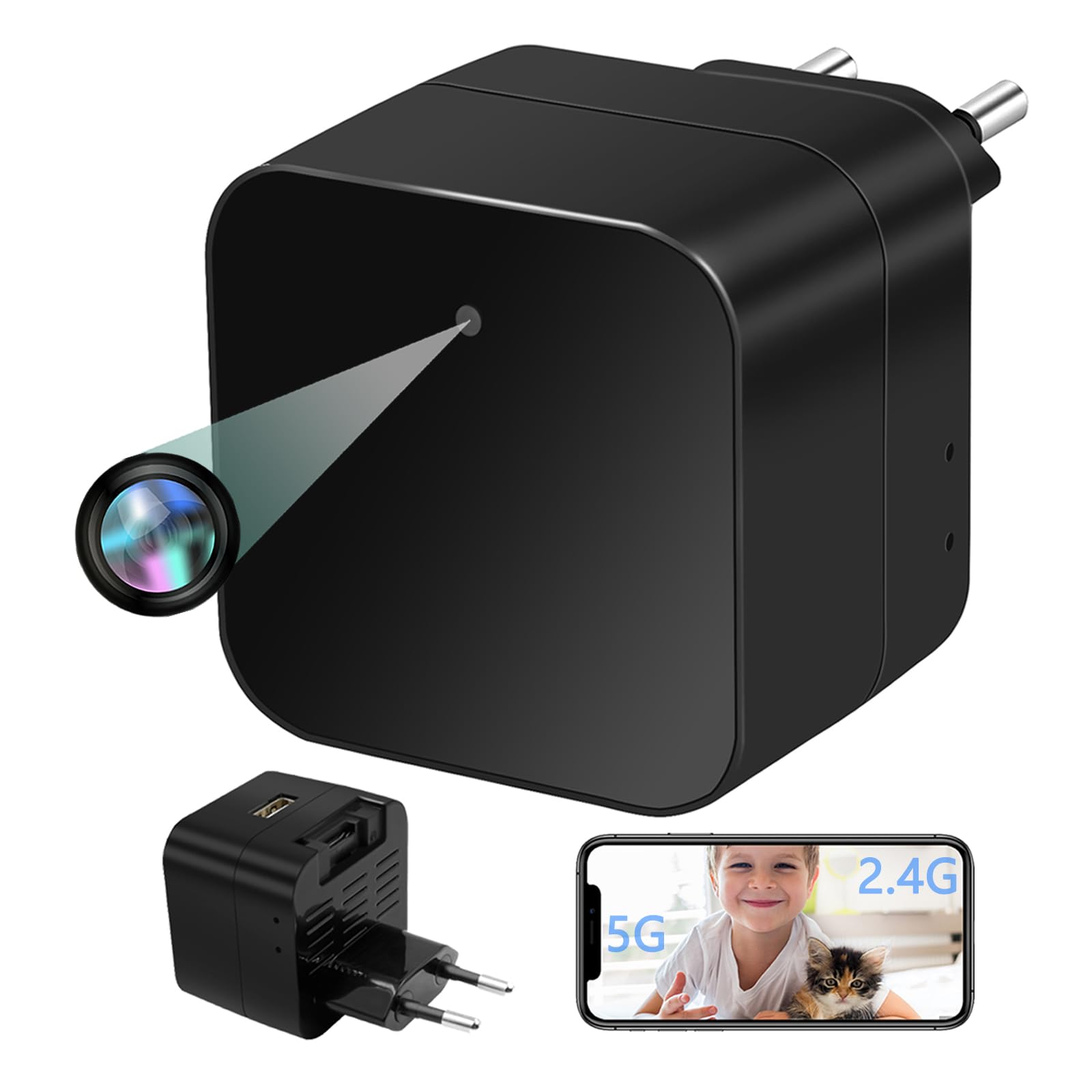Microcamara WiFi Inalambrica 2.4G&5G, Cargador de Móvil con Cámara Oculta 1080P, Micro Camara Espia Oculta Invisible con Detección de Movimiento, Camara Vigilancia Bebe para casa, oficina, etc.