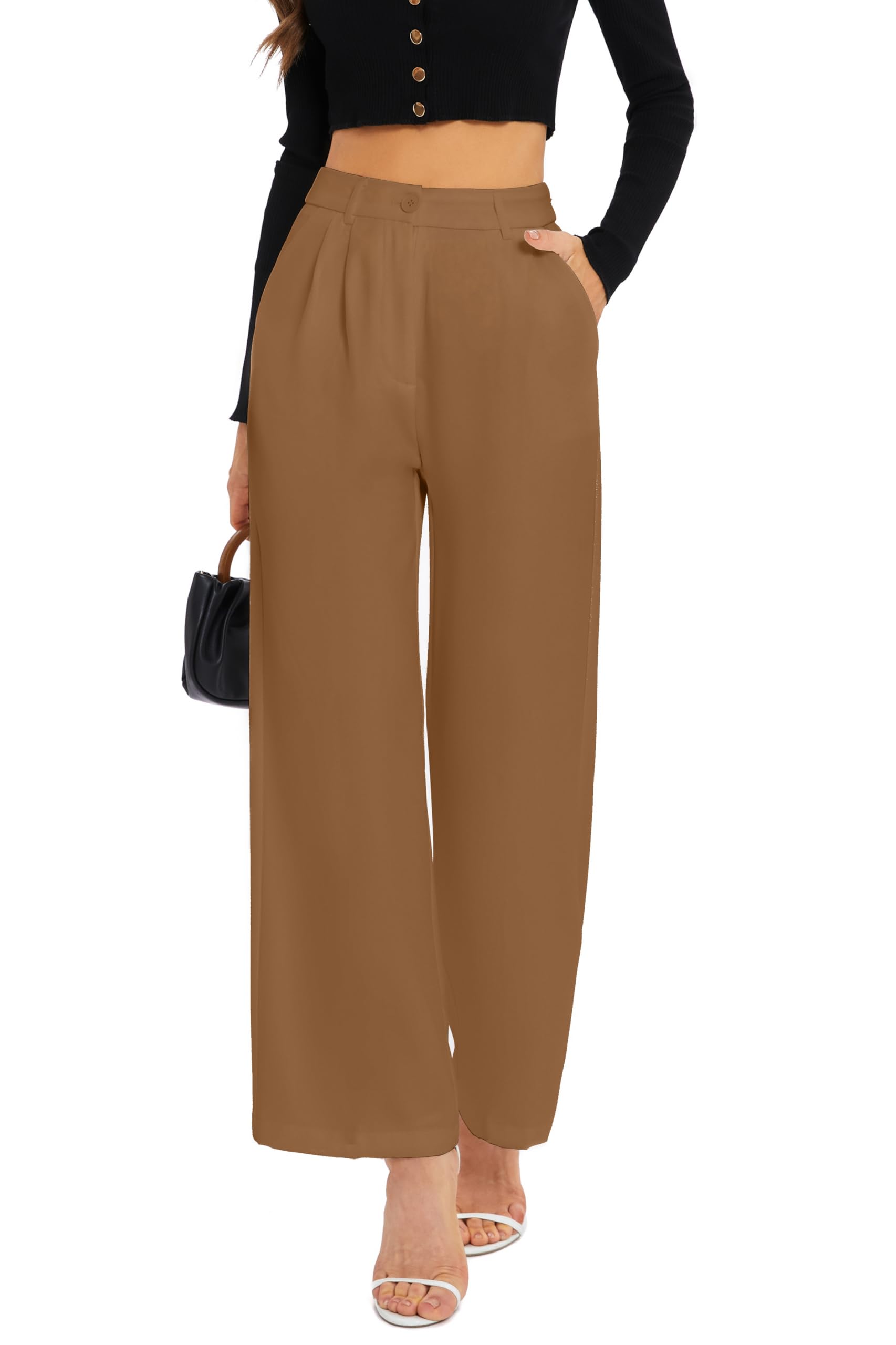 FUNYYZO Wide Leg Pants Women's High Elastic Waisted in The Back Business Work Trousers Long Straight Suit Pants — view 41