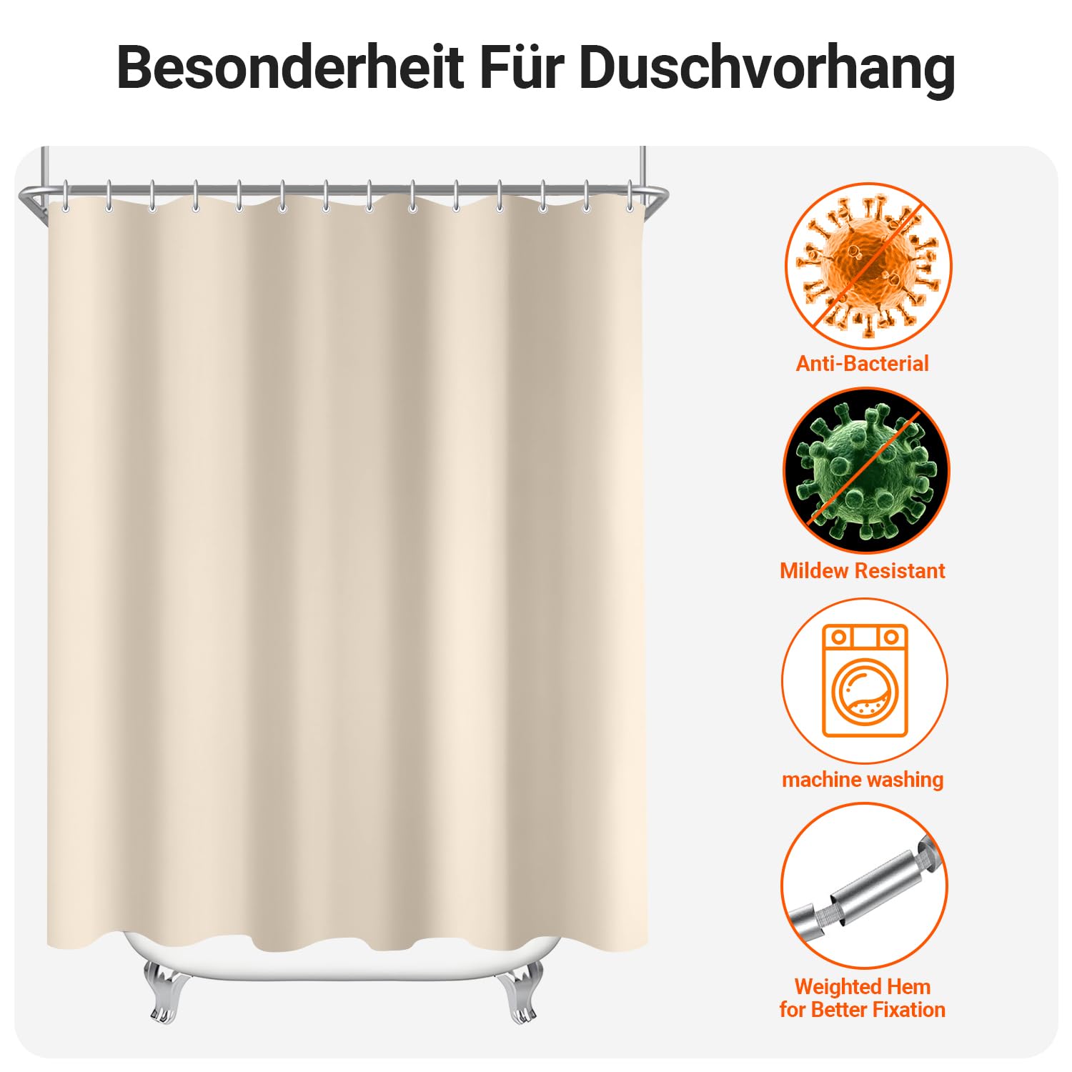 Lerores - Tenda per doccia e vasca da bagno, 160 x 200 cm, beige, con fondo pesante, resistente alla muffa, tessuto impermeabile, lavabile, in poliestere, per bagno, con 10 anelli per tenda da doccia