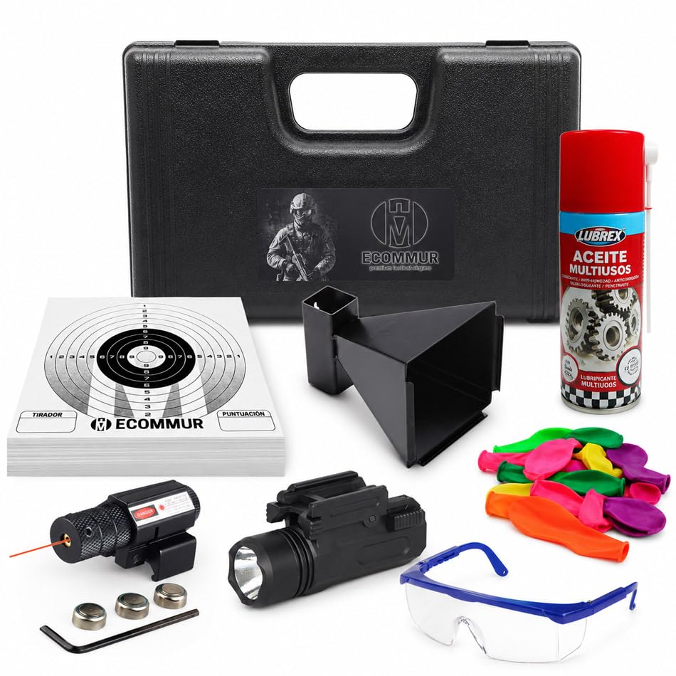 ECOMMUR Pack de Accesorios para Pistolas de Aire Comprimido, Maletin, Visor, 100 Dianas, 10 Globos, Recogebalines Cónico, Aceite Multiusos y Gafas de Protección