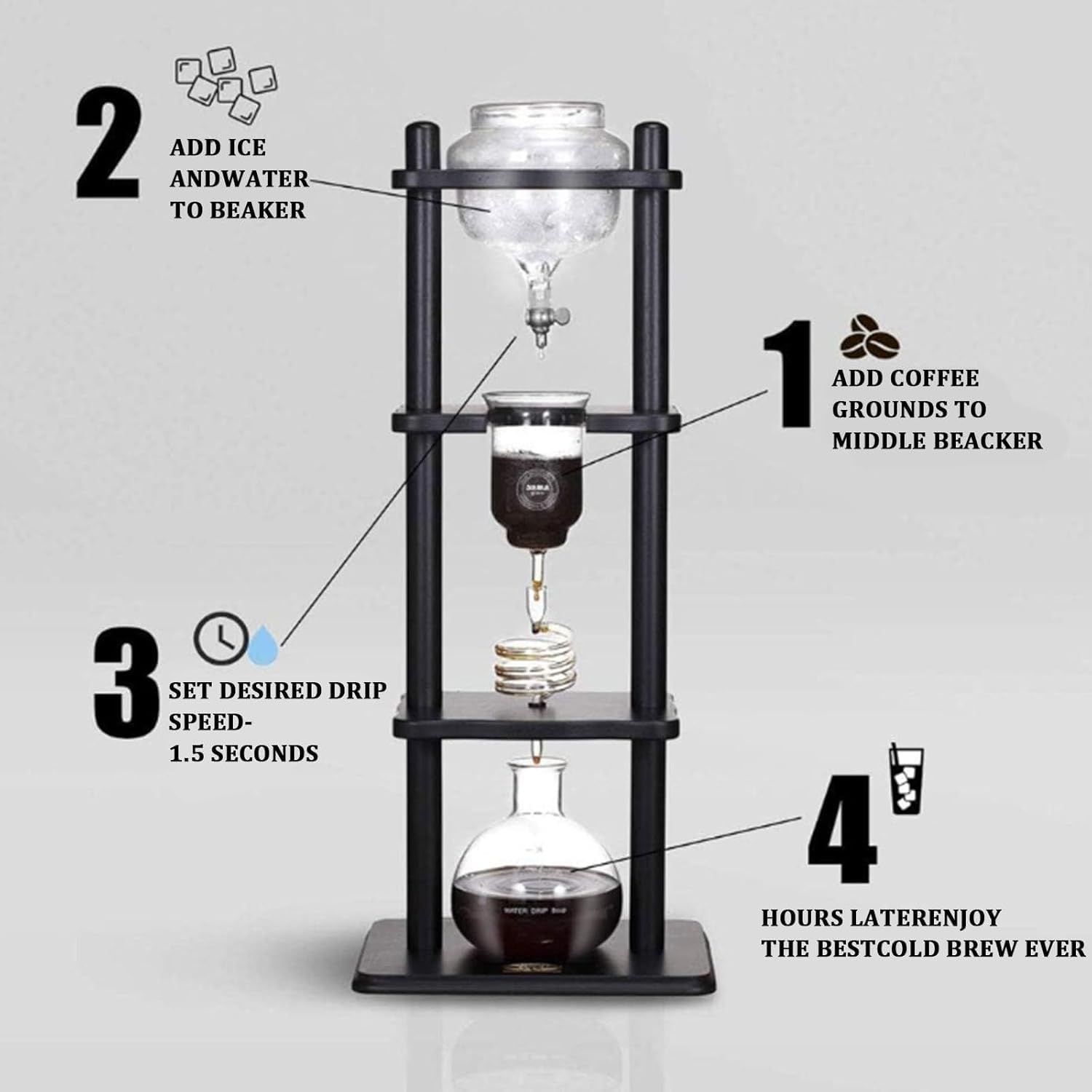 Cafetera De Goteo En Frío, Cafetera Japonesa De Goteo Lento Para Café Frío, Marco Recto De Madera Negra, Gran Capacidad Para 5-8 Tazas, Torre De Café Helado Para El Hogar, Comercios Y Oficinas.
