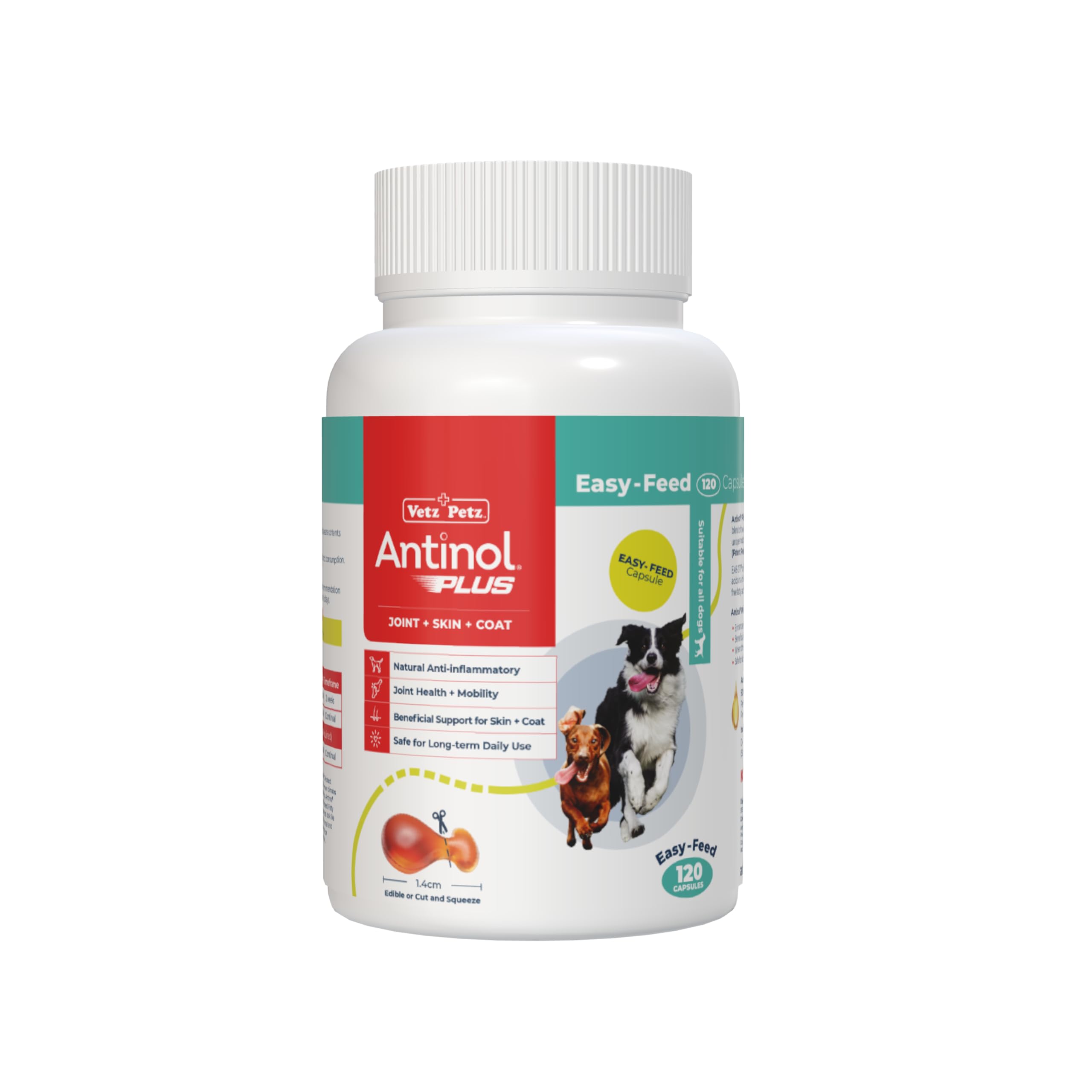 Vetz Petz Antinol Plus - Natural Joint, Skin & Coat Supplement for Dogs - Easy-Feed Capsules with Marine Lipid Oils - Supports Mobility & Inflammation - 120 Easy-Feed Capsules