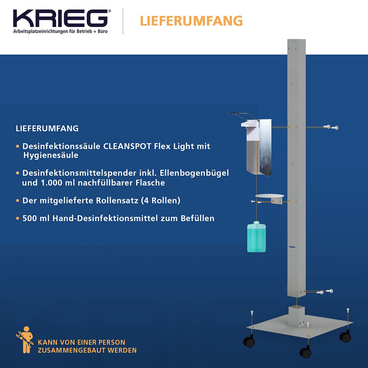 KRIEG Desinfektionsmittelständer mit Auffangteller stehend I Silber I Hygienestation freistehend & mobil I Hygienesäule mit Desinfektionsmittel I 1000 ml - 333 Sprühstöße I Ready to go