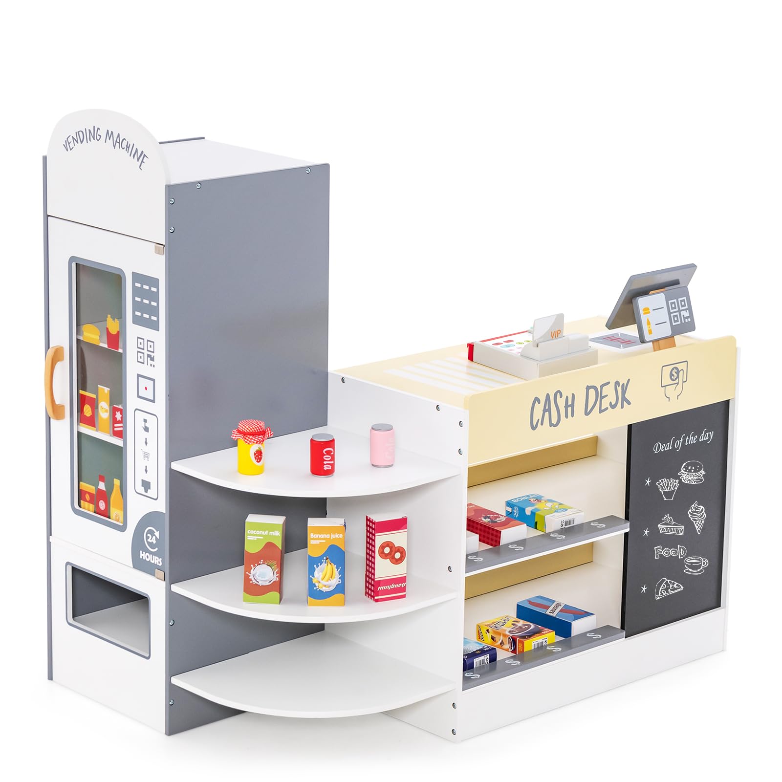 HOMASIS Tienda Infantil de comestibles, Tienda de Madera con mostrador Lateral, Juego de supermercado con Caja registradora, TPV, Máquina expendedora, para niños de 3 a 8 años (Blanco, 89x57x88 cm)