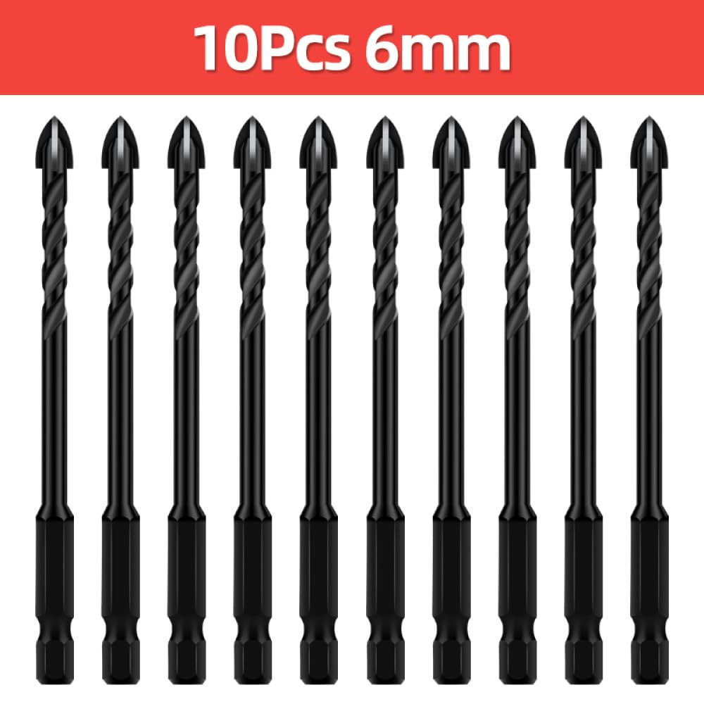 Set di Punte esagonali a Croce per calcestruzzo, gres porcellanato, Vetro, Metallo, Punte da Trapano Professionali, Kit di Utensili, Trapani in Metallo Duro, 10 Pezzi 6 mm