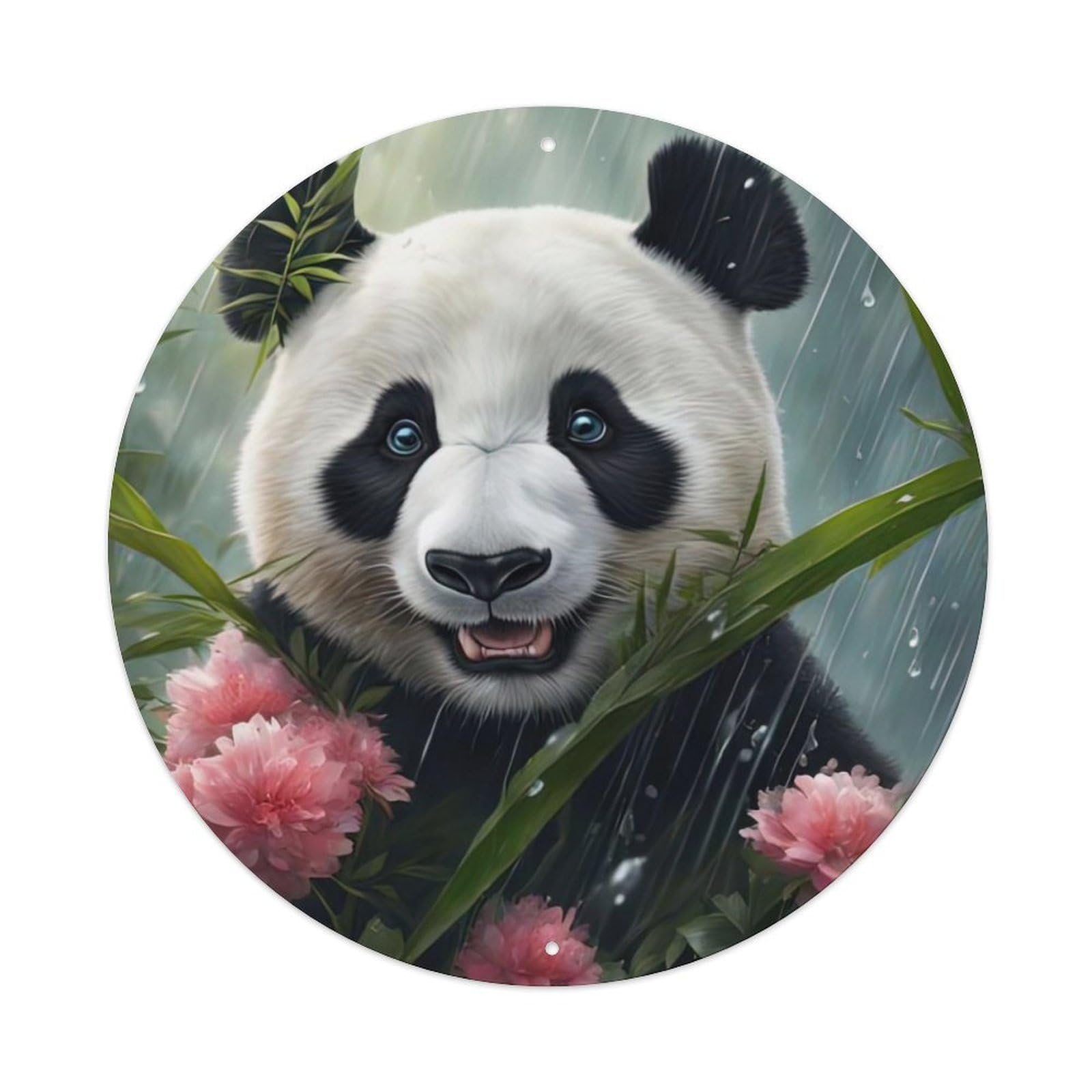 Animal Artwork Panda in The Rain Vintage Metal Tin Sign Plaque Wall Decor for Cafe, Club, Garden Round Metal Poster 8x8Inch