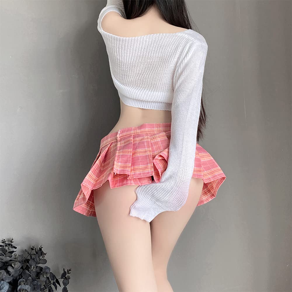 QNCLO Japanese female student JK uniform sexy Kawaii cosplay student perspective bra wrap mini shirt and pleated skirt: Pink