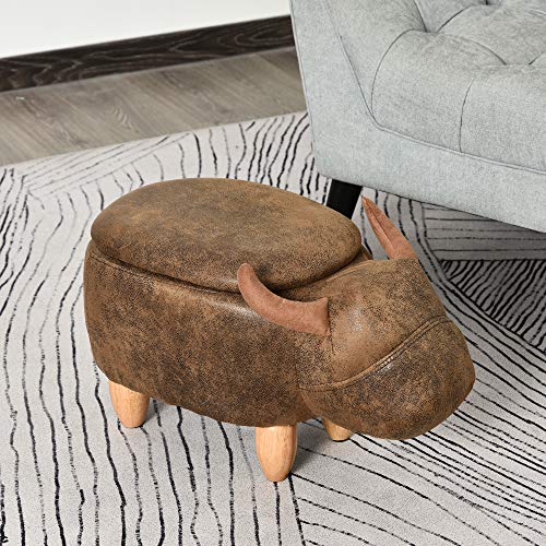 HOMCOM Animal footstool Buffalo Storage Stool Cute Kids Decoration Wood Frame Legs w/Padding Lid Ottoman Furniture - Image 4