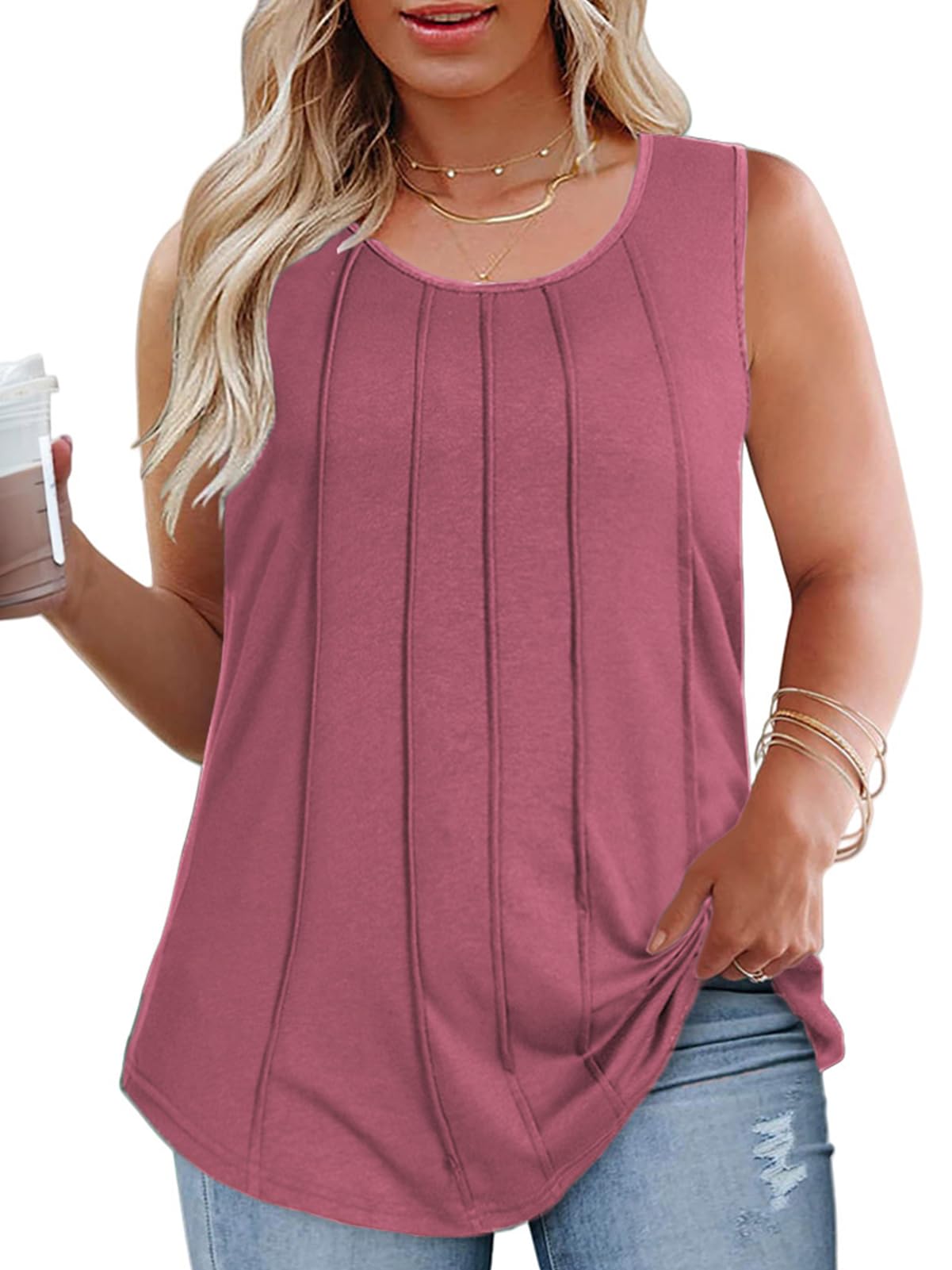 ROSRISS Plus-Size-Tank-Tops Summer Sleeveless Casual Pleated Shirts Trendy Scoop Neck Tunics Flowy Tees