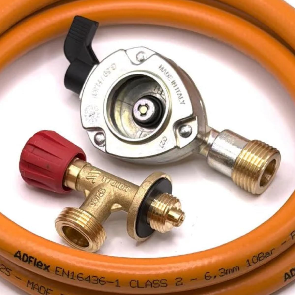 LPG Hochdruck-Gasschlauch-Set orange 80cm - 27mm Clip-On Gasflaschenadapter und 16mm Camping Gasabsperrventil
