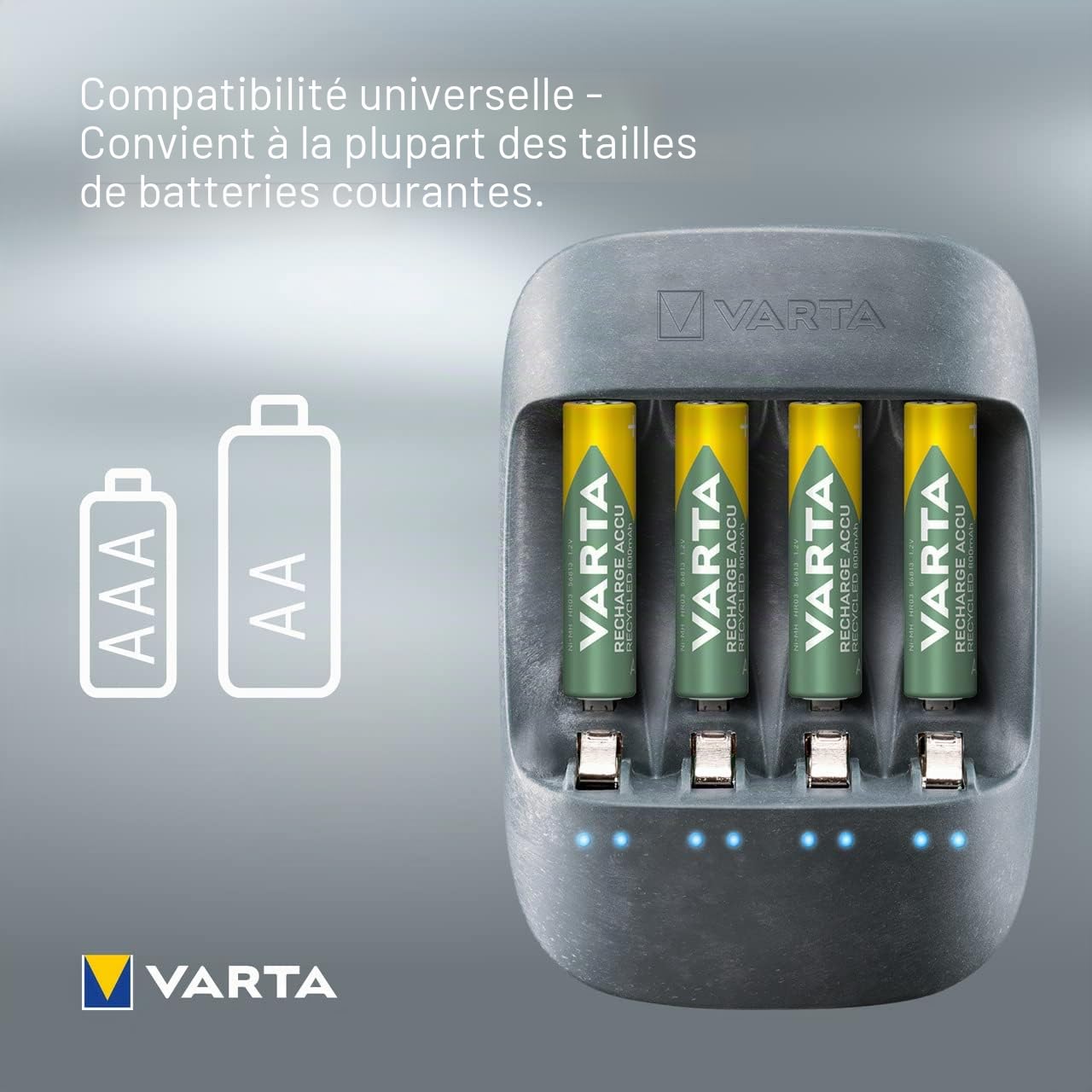 VARTA Chargeur de Piles, incl. 4X AA 2100mAh, chargeur pour piles AA/AAA rechargeables, Eco Charger, chargement à un seul emplacement, fabriqué avec 50% de matière bioplastique