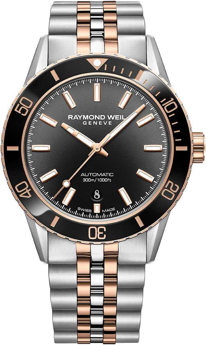 Raymond Weil Freelancer Diver Men's Automatic Watch, Black Dial with Indexes, Two-Tone Stainless Steel Bracelet, 42.5 mm (Model: 2775-S51-20051)