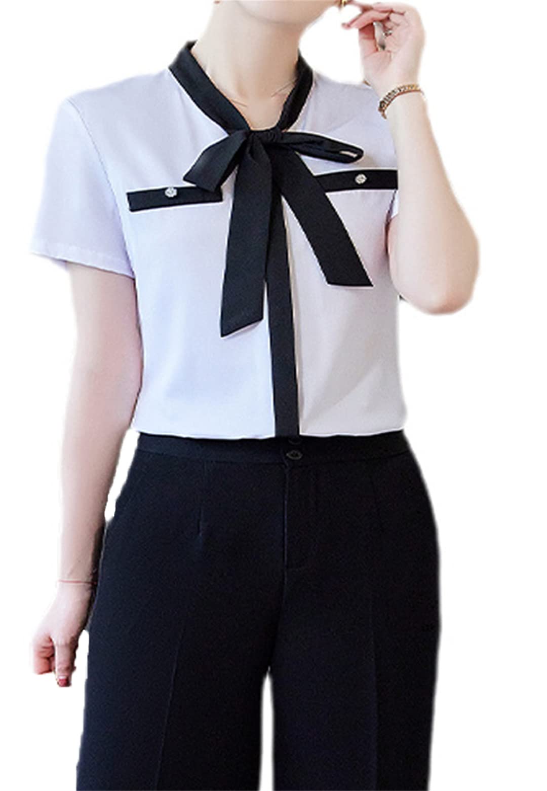 Femmes été Formelles en Mousseline de Soie Blanche Blouses avec nœud Bureau Dame décontracté Poches lâches Chemises