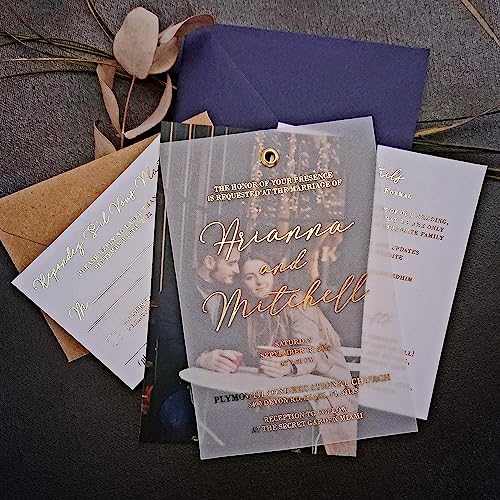 XOXOKristen Gold Vellum Wedding Invitations with envelopes, RSVP cards, Details and Photo. Gold, Rose Gold and Silver Foil available (Vellum + Photo) - Thumbnail 2