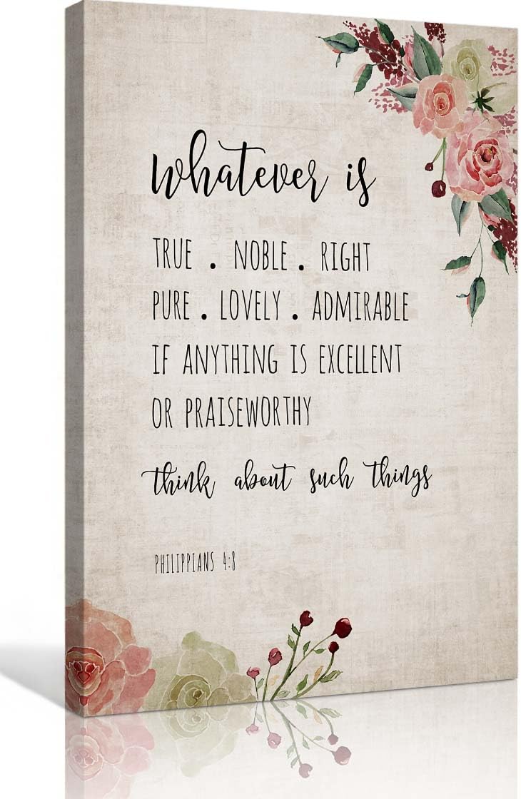 Zhefoart Whatever Is True Philippians 4 8 Wall Art Bible Verses Wall Decor Vintage Framed Painting Canvas Wall Artwork for Home Office 12x18 inches