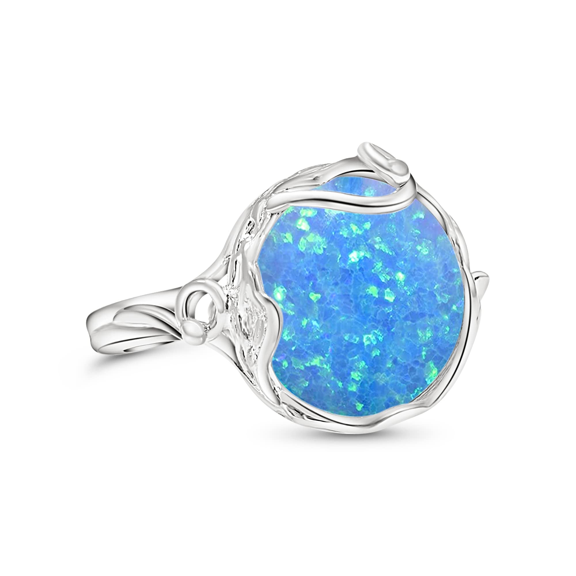 ADITA GOLD925 Sterling Silver Blue Opal Adjustable Ring 14mm for Women – October Birthstone 0.55 inch Round Cut Gemstone Housed in a Vintage Silver Mount - Handmade Jewelry - Boho Ring - Flexible and Trendy