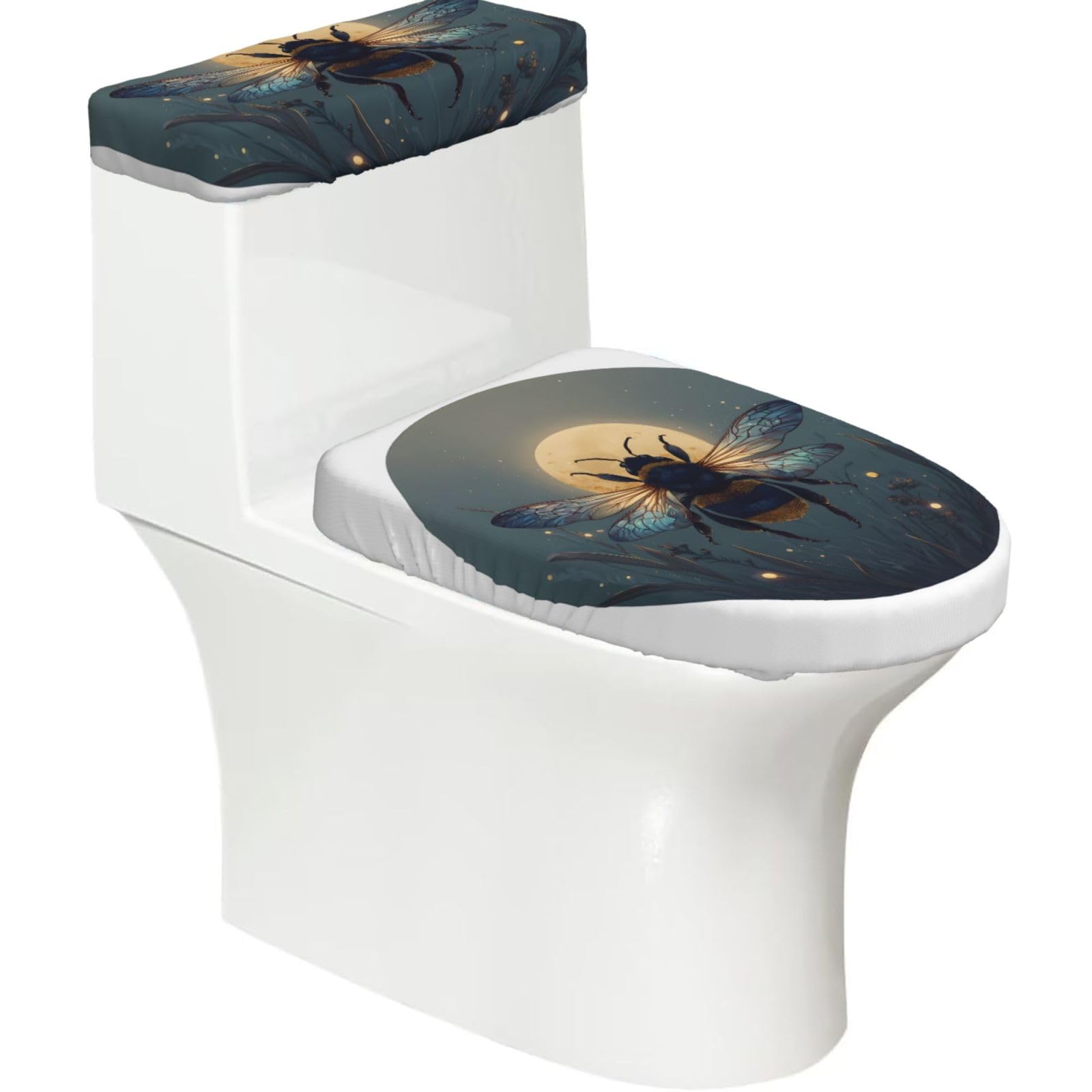 The Moon and the Bees 2-Piece Toilet Seat Cover Set with Tank Lid, Elastic Fit for U-Shape & Elongated Toilets, Bathroom Decor, Housewarming Gift