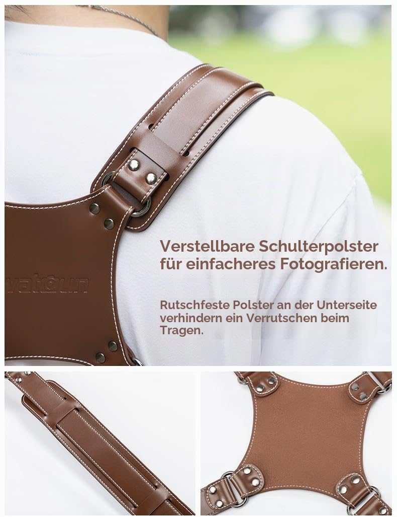 Kameragurt, Kameragurt Leder, Kamera-Zubehör Dual Harness für Zwei Kameras, Verstellbarer Doppelter Schultergurt, Doppel-Kamera-Gurt für Fotografen, Vintage Braun
