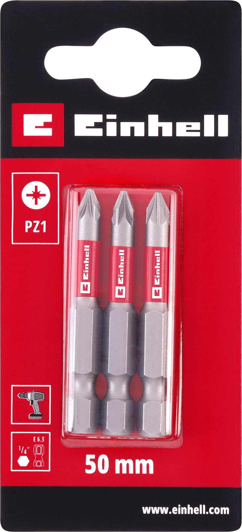 Original Einhell Standard Bits 3-Piece 50mm PZ1 (Chrome Vanadium, Precision Screws, Good Control, Red Colour Ring, E 6.3 Shank)