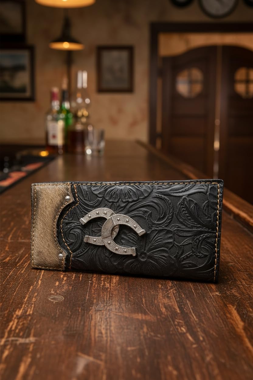 Men’s Western Long Leather Wallet - Black Floral Tooled Rodeo Billfold with Cowhair Inlay & Silver Horseshoe Conchos - Handcrafted Made in Mexico - Image 2