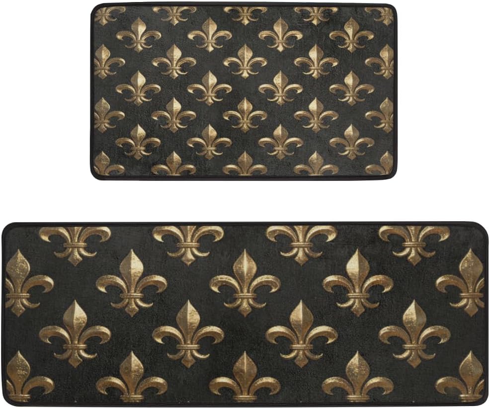 Anti Fatigue Black Gold Fleur De Lis Kitchen Mats for Floor 2 Piece Set, Waterproof Non Slip Boho Kitchen Floor Rugs, Comfort Standing Mat for Sink Laundry & Home Kitchen 17"x47"+17"x29"