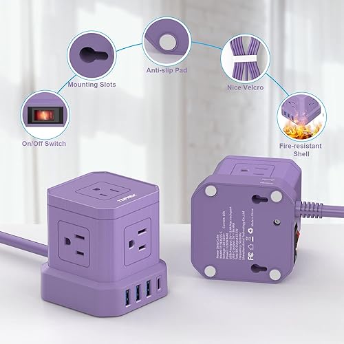 Miniatura 8 de TOPREK - Regleta de alimentación con USB, cable de extensión de 10 pies con enchufe plano, 5 salidas de CA 4 USB, estación de carga de escritorio