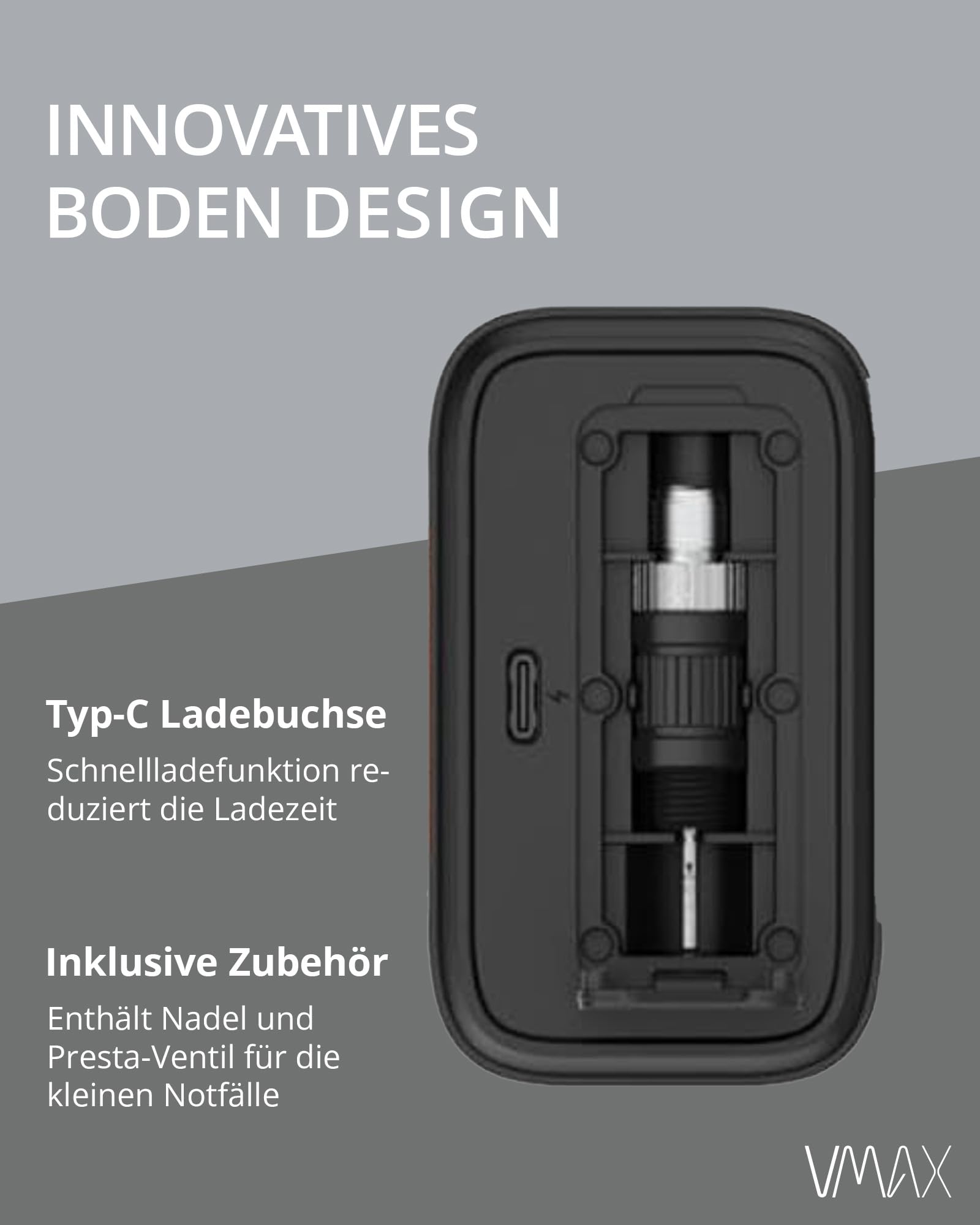 VMAX Elektrische Luftpumpe Tragbarer Mini Luft Kompressor | Für E-Scooter, Fahrrad, Auto, 150 PSI, Wiederaufladbarer 2x2500 mAh Akku, Autostop-Funktion