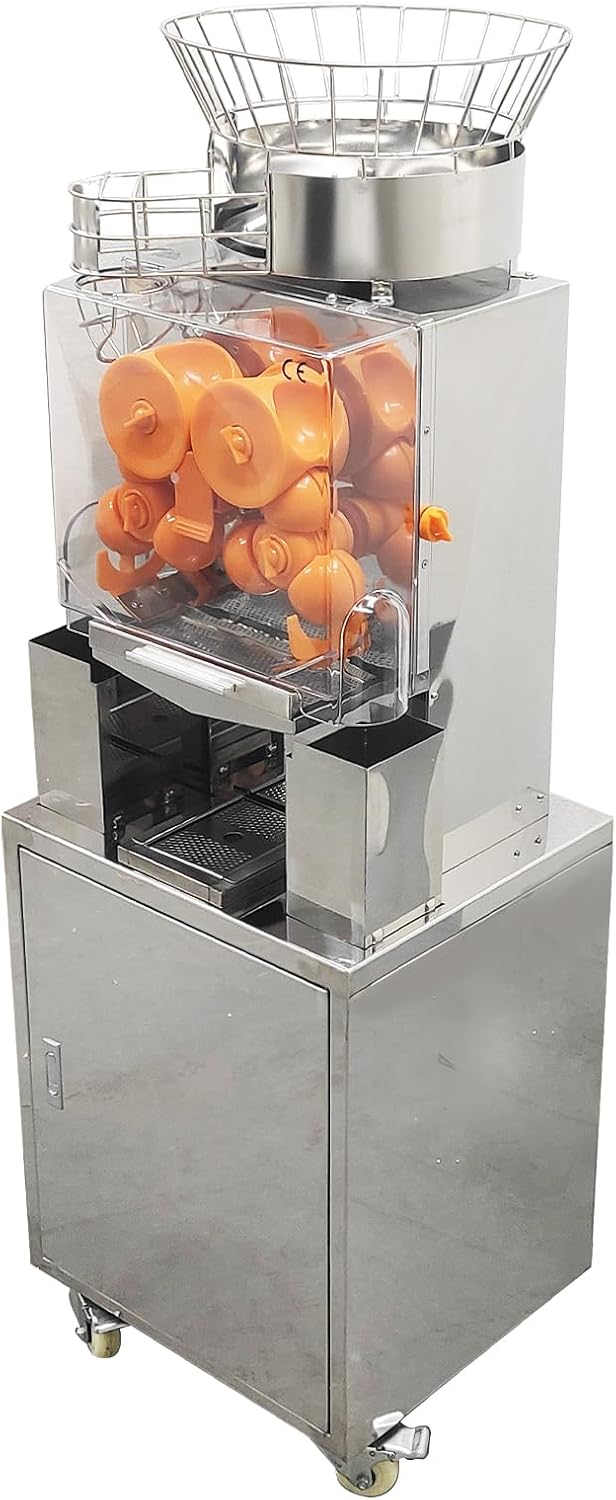Commercial Vertical Automatic Orange Extractor, Squeezer for 20 per Minute, Electric Movable Lemon Juice Machine Citrus Juicer with Residue Collecting Barrel and Wheels