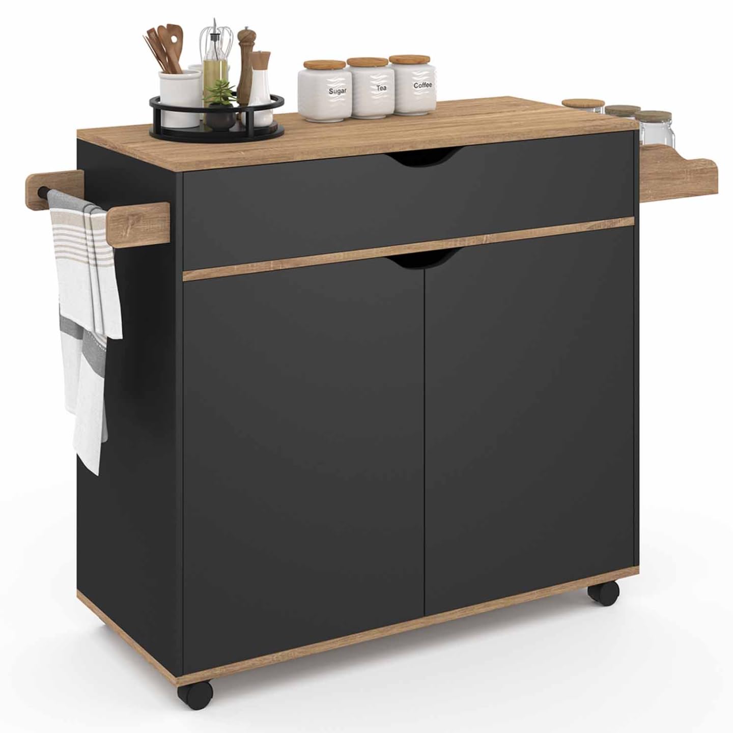 IDMarket - Desserte de cuisine COSY XXL placard avec tiroir noir et plateaux façon hêtre L.90 CM