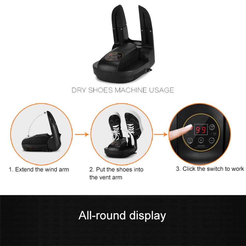 Secador de Zapatos eléctrico y desodorizador de ozono, esterilizador de Zapatos/Botas con Controles Digitales, Temporizador telescópico Plegable para desinfección (27 x 10 cm) - Negro