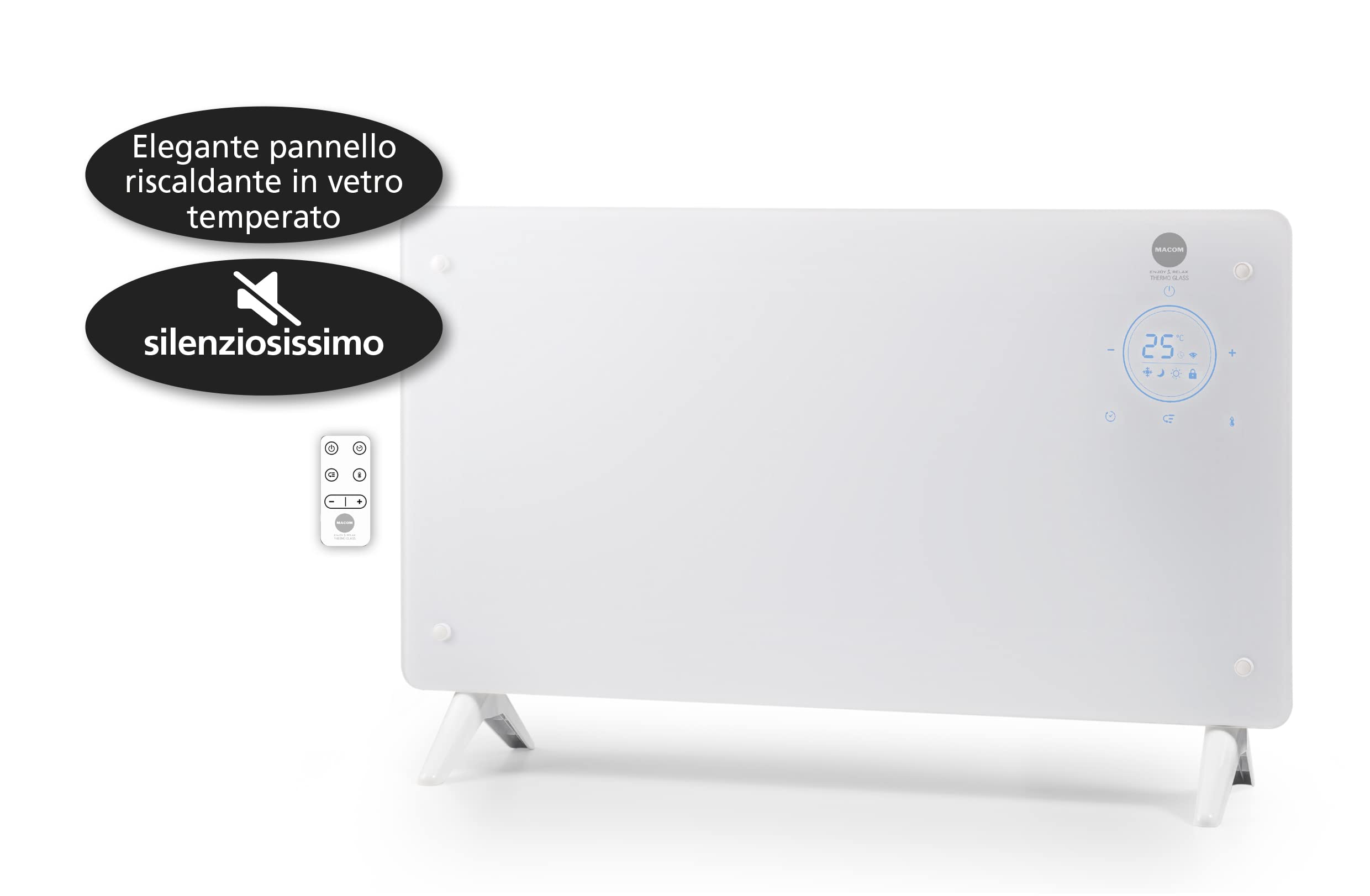 MACOM, Elegante Termoconvettore in vetro temperato,riscaldamento rapido, 1000/2000 W, Tlc, timer 24h, termostato ambiente, montaggio a parete con staffe in dotazione, Enjoy & Relax 937 Thermo Glass