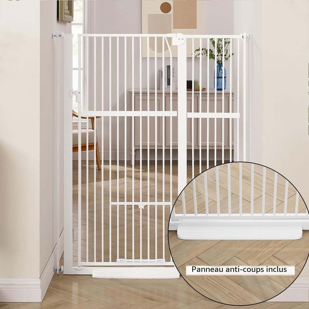 unipaws Barrière de sécurité Extra Haute 142 cm avec chatière, pour Chien et Chat, Largeur 79–95 cm, Fixation par Pression sans perçage, pour escalier ou Porte, Fermeture Automatique, Blanc