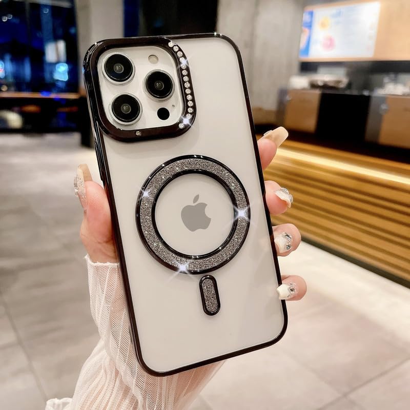 LuxuryKase Transparent Back Cover for iPhone 15 Pro Max | Shimmer Mag-Safe Ring | Soft TPU Case | Stylish Shockproof Protective Mobile Case with Premium Finish - Black