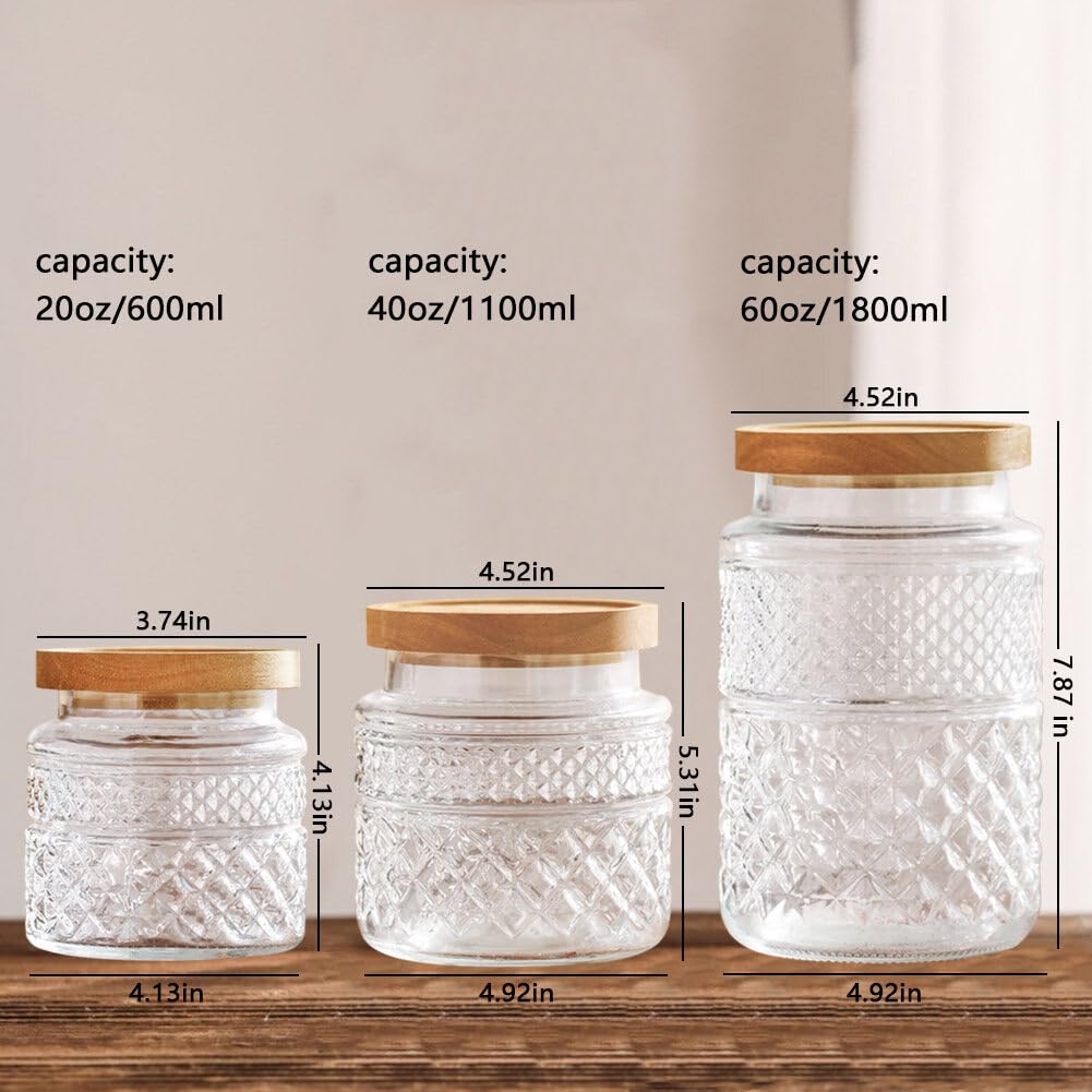 Confezione da 3 barattoli grandi in vetro, contenitori per alimenti e cereali, con coperchio ermetico in bambù, barattoli da cucina vintage per caramelle, snack, caffè, tè, cereali, 1,7 g,