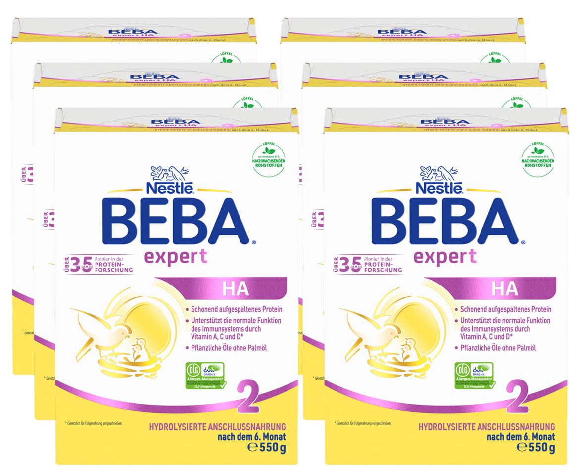 BEBA expert HA 2 - Folgemilch nach dem 6. Monat, Hydrolysierte Anschlussnahrung, Patentierets Produkt, Nur Laktose, Ohne Palmöl, Ohne Fischöl, Babynahrung, Baby-Milchpulver, 6er Pack (6 x 550g)