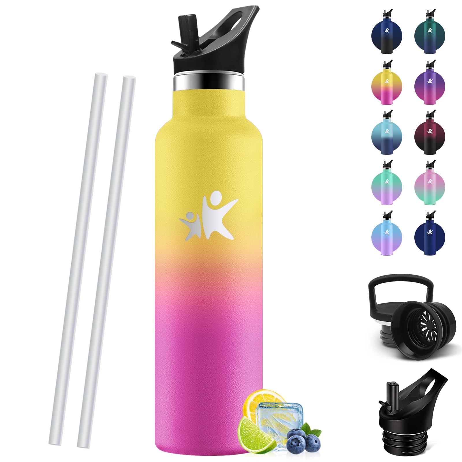 HoneyHolly Trinkflasche 750ML, BPA-Frei, Trinkflasche Edelstahl, Auslaufsichere Isolierflasche Doppelwandig, Wasserflasche, mit Strohhalm, 18/8 Edelstahl, Thermosflasche-Seegrün Hellviolett