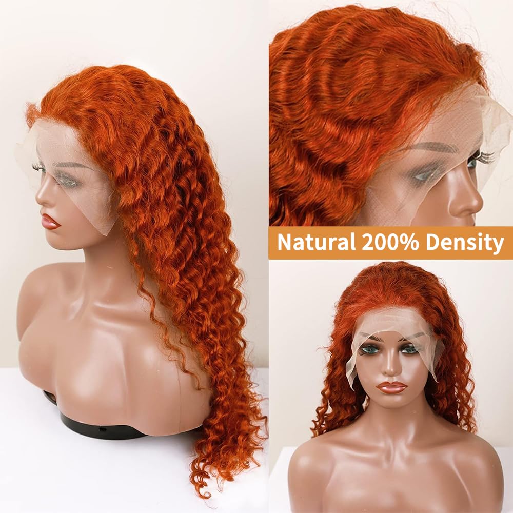 Ginger Wig Human Hair Deep Wave Wig 13x6 HD Frontal Curly Orange Lace Front Wigs Human Hair Pre Plucked 200 Density Glueless Wigs for Women Wet And Wavy 20 Inch - Image 3