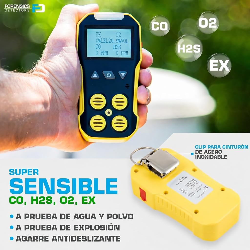 Detector de 4 Gases | O2, CO, H2S, LEL | EU Certificado de Calibración. | Recarga USB | Alarmas sonoras, visuales y por vibración | Pantalla Grande con retroiluminación |