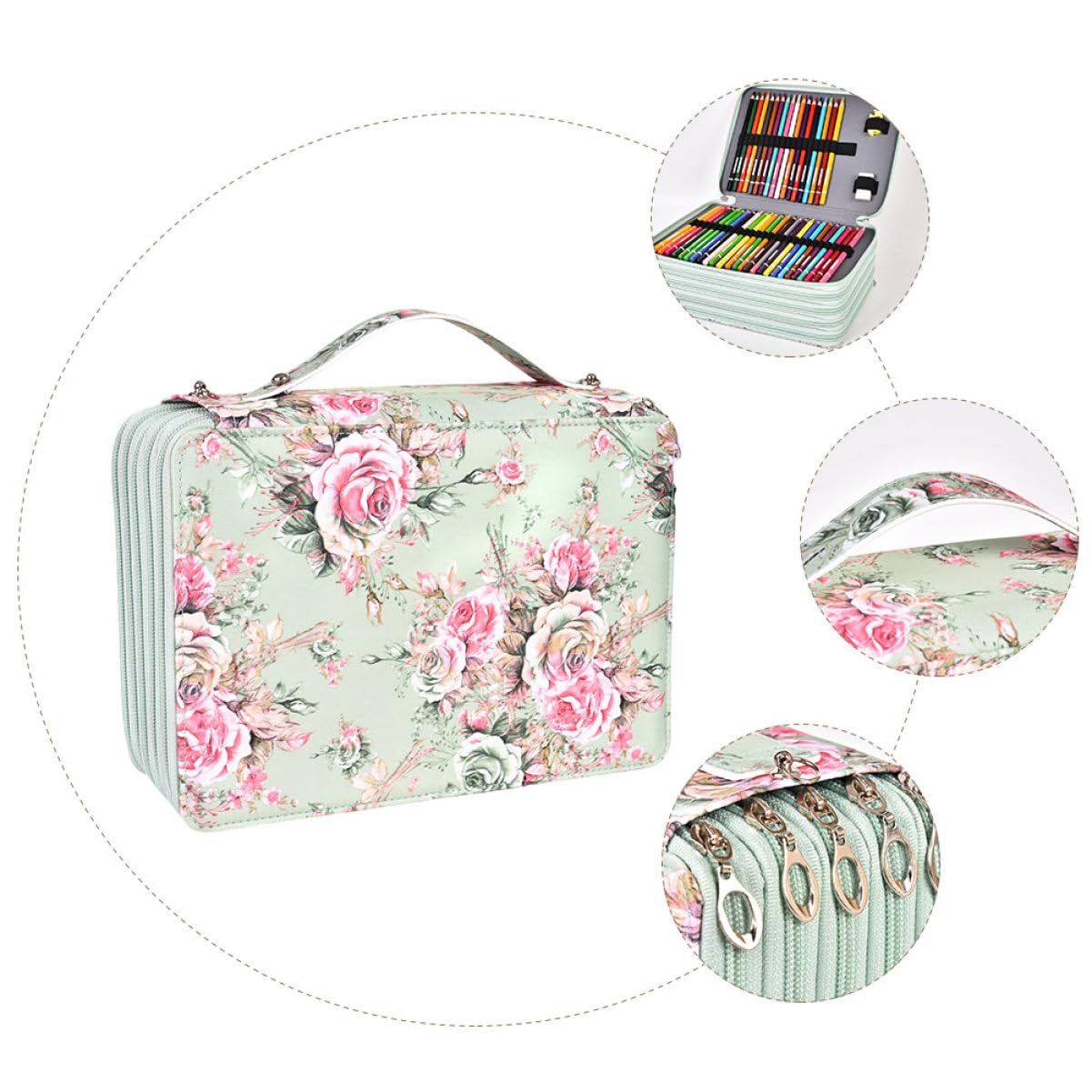Housoutil Astuccio Portapenne Multistrato Scomparti Manico e Motivo Rosa Realizzato in Pu per Organizzare Pennarelli Matite Colorate e Acquerelli
