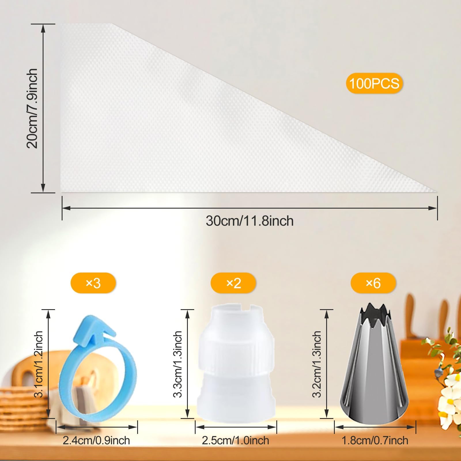 Soodyoow 100 Pezzi sac à Poche, sac à Poche USA e Getta, sac a Poche Professionali, Set Pasticceria, 6 Beccucci, 2 Adattatori, 3 Cinturini per Sigillatura a Tenuta, Perfetti per Decorare Torte e Bisco