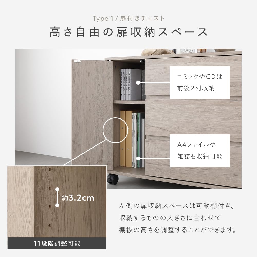 Amazon｜RASIK チェスト 扉付き キャスター付き 引き出し 3段 棚 約幅