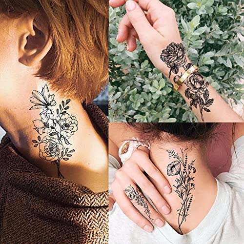 Joehapy 19 Sheets 3D Sexy Flower Temporary Tattoos For Women Neck Arm Girls Black Waterproof Small Fake Tattoo Stickers Tiny Branch Rose Floral Sunflower Wild Plants Sketch Tatoo Sets Kits For Adults #TOP2