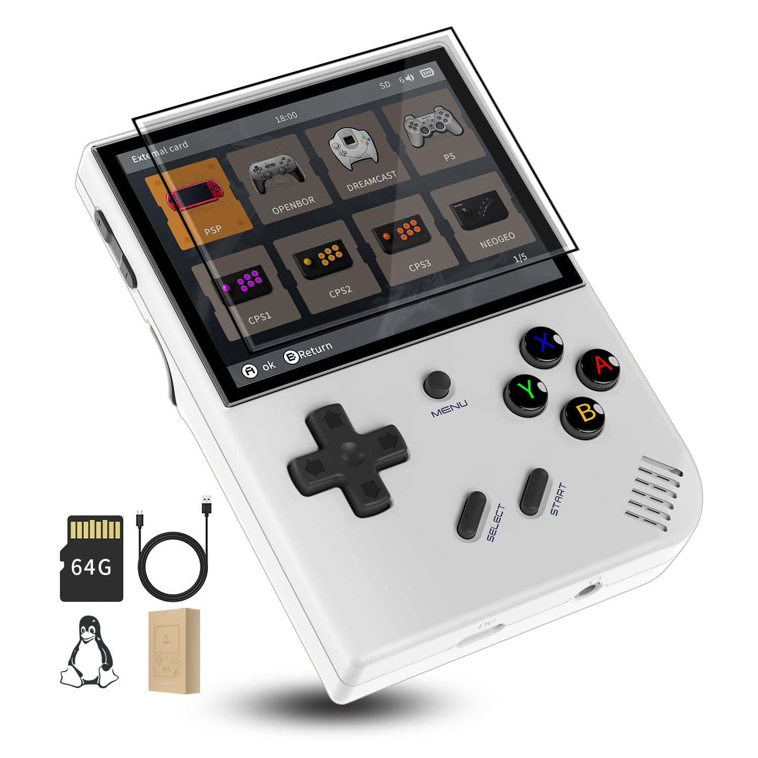 Daxceirf RG35XX Plus Retro Handheld Game Players 3.5"" IPS Screen 3300mAh Battery Linux Console Built-in 64G Card 5515 Classic Games (RG35XX Plus White)