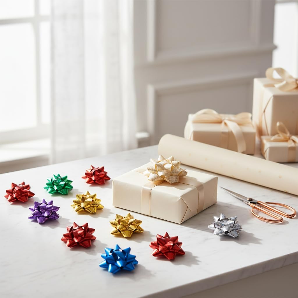 Fansoftiks 50 Pcs Colorful 1 Inch Gift Bows Mini Christmas Bows Metallic Star Bows Party Gifts Wrapping Bows Adhesive Holiday Presents Bows for Valentine's Day, Gift Wrapping Supplies - Image 6