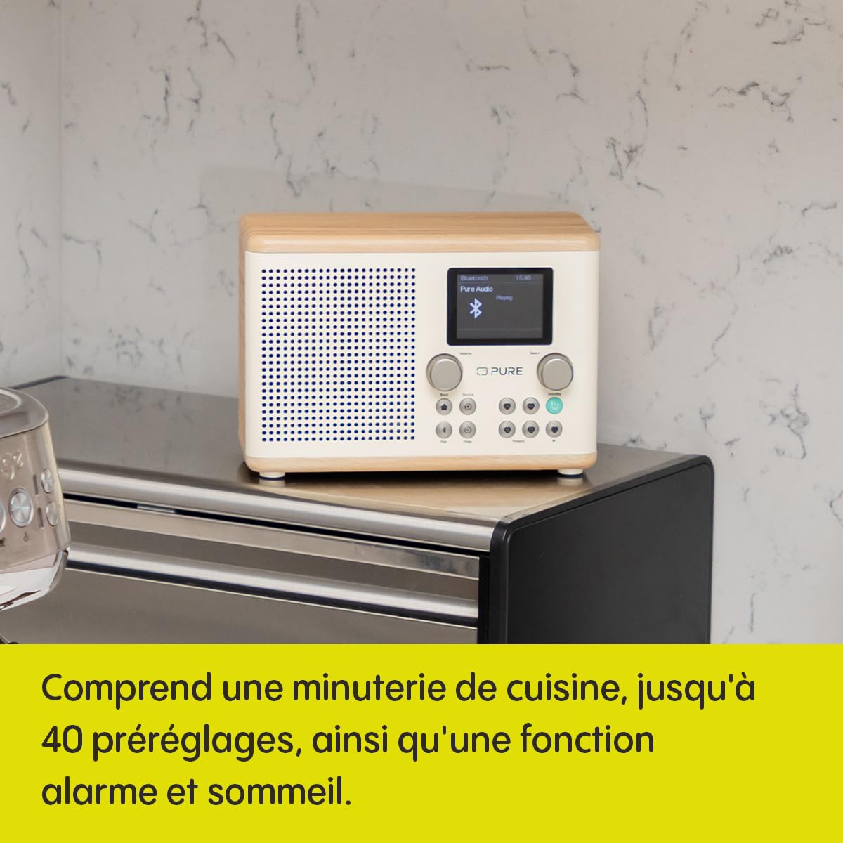 Pure Classic H4 Radio de Cuisine numérique (Dab+/FM, Bluetooth, USB, AUX, minuterie de Cuisine, Alarme), Blanc Coton/Chêne