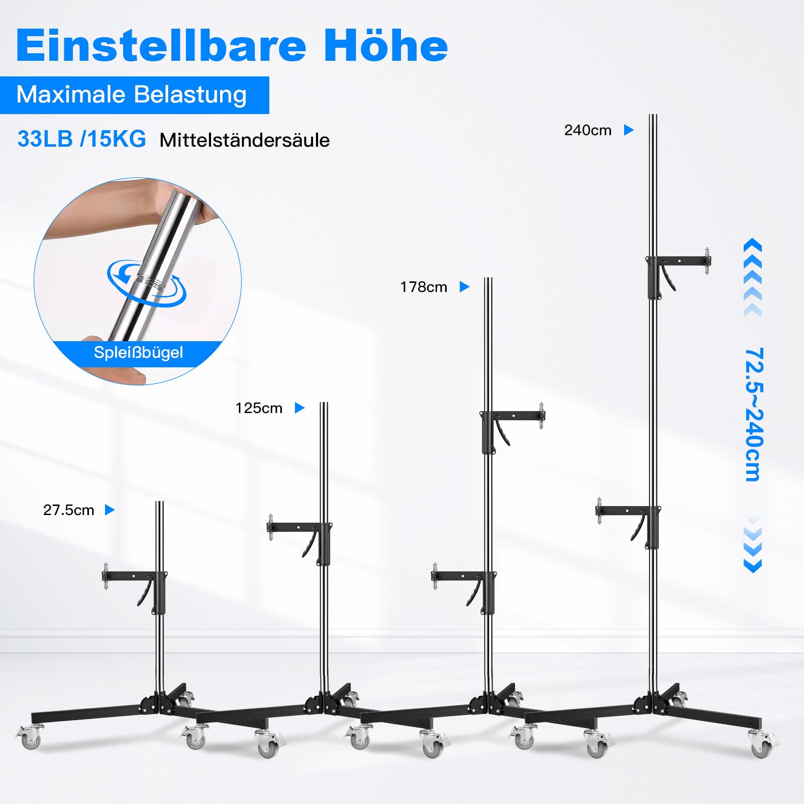 Soonpho Zestaw 2 przesuwnych uchwytów z wytrzymałą głowicą obrotową do metalowego ciężkiego statywu rolkowego C Stand 224 cm wytrzymały statyw studyjny