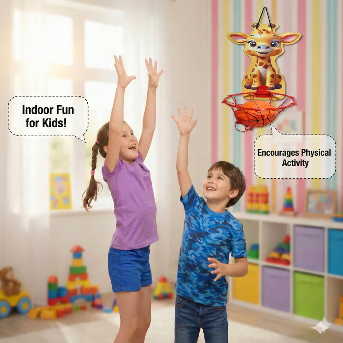 Asian Giraffe Wooden Basketball Board with Net & Ball | Indoor & Outdoor Kids Basketball Playset | Wall Mount Sports Toy for Boys & Girls | Skill Development Game 1